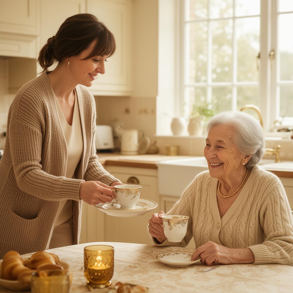 Compassionate carer assisting elderly woman